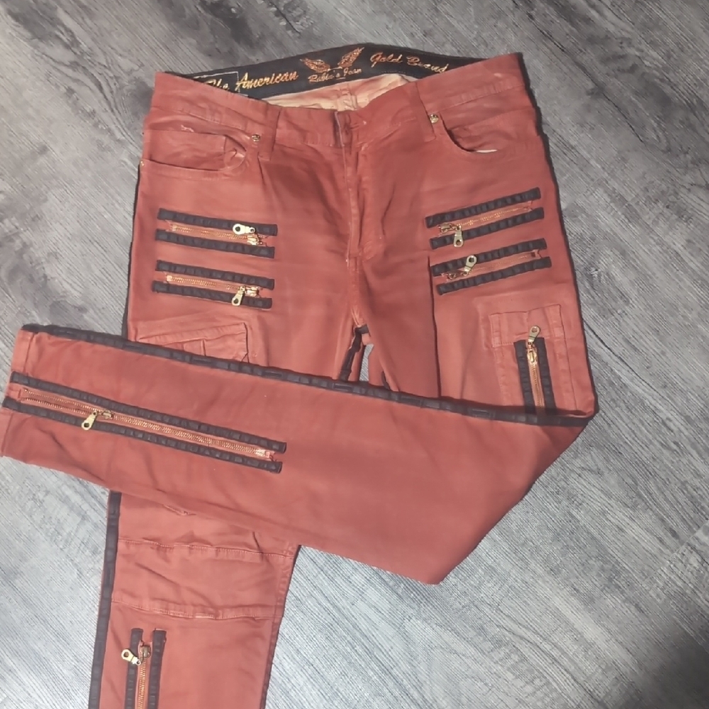 Robin's Jean Rust Red Slim Straight Jeans with Black Zipper Accents - Picture 2 of 3